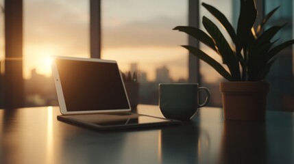 Fototapeta premium Tablet Computer Coffee Plant Sunset Cityscape Office