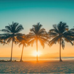 Tropical Sunset Beach Scene With Palm Trees
