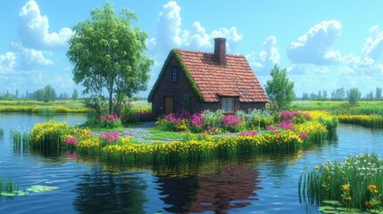 Obraz premium Cozy small house with chimney surrounded by colorful flowers on island in calm lake under bright blue sky with green trees, ideal for nature retreat, summer vacation, peaceful landscape background