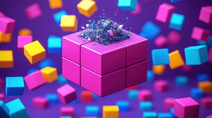 Bright pink Rubik's cube floating with colorful confetti and neon blocks around, futuristic digital art perfect for technology, innovation, creativity backgrounds, vibrant purple and blue mood