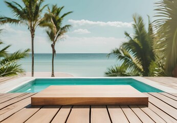 Fototapeta premium Wooden table with sea