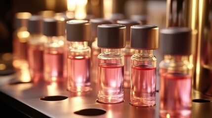 Glass perfume bottles with pink liquid arranged on black shelf, close-up photo for beauty product advertising, cosmetic branding, luxury fragrance showcase with warm golden bokeh background