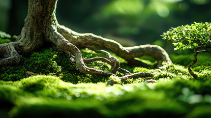 Close-up of tree roots entwined in lush green moss, showcasing nature's intricate beauty.