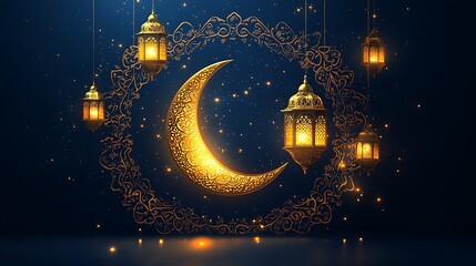 Golden crescent moon with ornate lanterns and glowing design elements on a dark blue background.