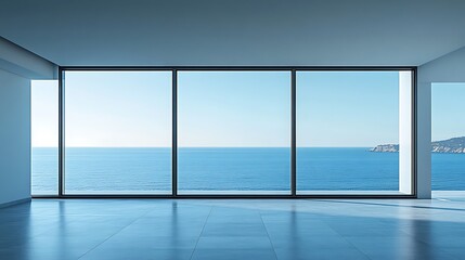Fototapeta premium Seaside view from modern living room with large windows coastal design