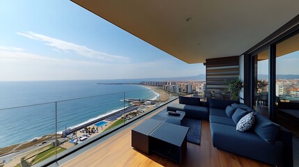 Obraz premium Modern living room overlooking the sea coastal city interior design