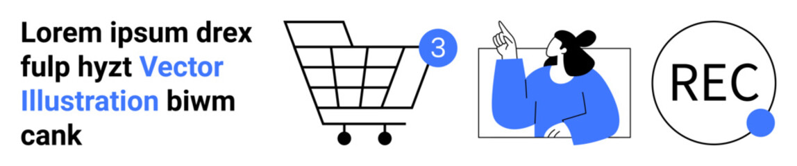 Shopping cart with notification, person on a video call, recording button. Ideal for e-commerce, customer interaction, online shopping, video communication, notifications, digital marketing, and user