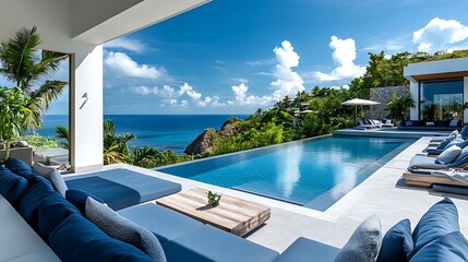 Fototapeta premium Refreshing poolside retreat overlooking ocean luxury villa sunny day