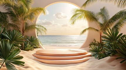 Fototapeta premium Serene beach sunset tropical paradise digital artwork coastal view