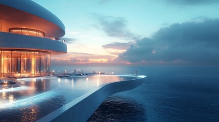 Naklejka premium Sunset reflection at modern oceanfront architecture serene view