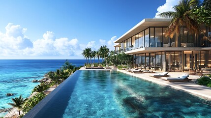 Fototapeta premium Tropical aerial view luxury villa poolside oceanfront escape