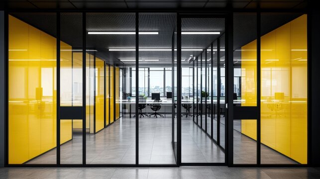 Modern open-plan office space with bright yellow accents and glass partitions.