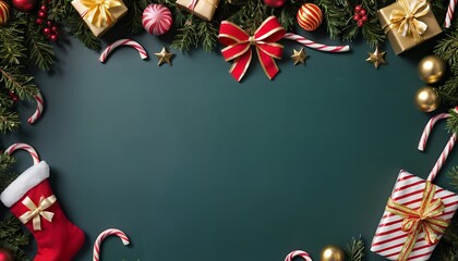 Festive Christmas Border Design with Gifts, Candy Canes, and Ornaments on Teal Background