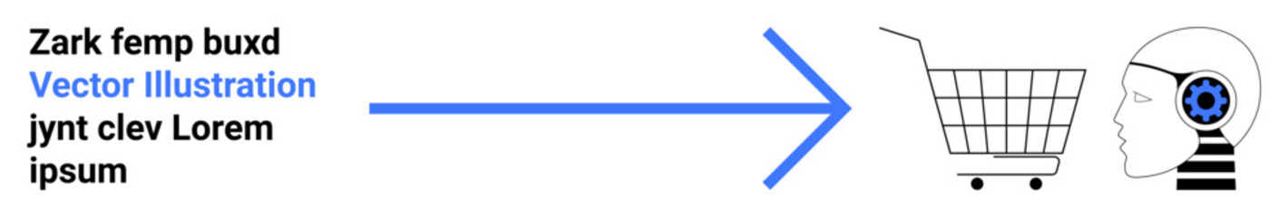 Obraz premium Blue arrow directing toward shopping cart and human head with gears symbolizing AI. Ideal for technology, AI, e-commerce, business, innovation, shopping, digital marketing. Banner for landing page