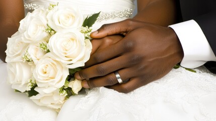 Couple's hands holding wedding bouquet with rings.
