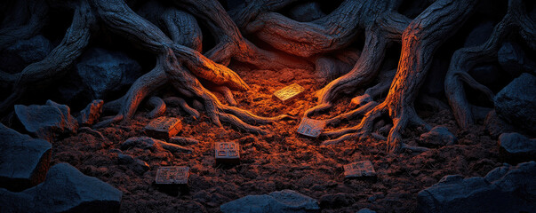 Illuminated roots intertwined with stones, revealing the beauty of nature's underground.