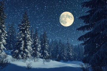 Fototapeta premium A serene winter landscape under a bright moon, with snow-covered trees and falling snowflakes.