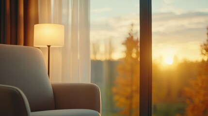 Fototapeta premium Cozy Living Room with Soft Light and Autumn View Through Window