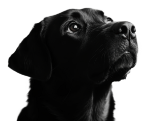 Black dog looking up curiously, cut out - stock png.