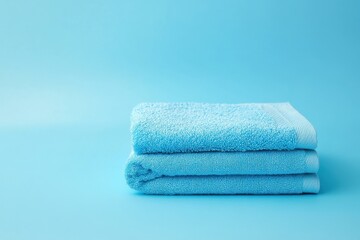 Neat stack of light blue bath towels. Perfect for websites, blogs, or ads related to hygiene and cleanliness.