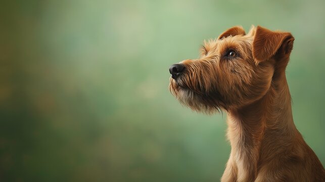 A noble Irish terrier with a soft green backdrop