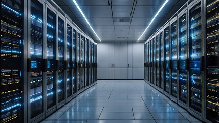 A large AI-powered server room, filled with glowing servers and digital screens displaying real-time data processing and artificial intelligence models.