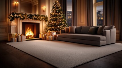 Cozy Holiday Living Room with Christmas Tree and Fireplace Glow