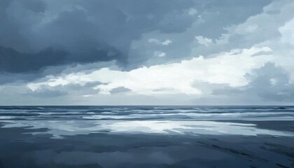 A serene seascape under a cloudy sky, reflecting calm waters.