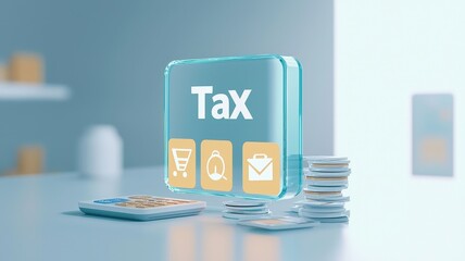 Tax submit and finance payment concept. A simple, modern set of tax icons displayed on floating glass panels, suitable for financial or business-related projects.
