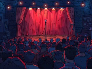 Empty stage with a microphone under warm red lights, awaiting performance.