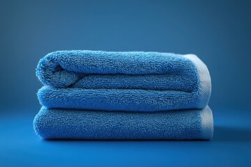 Neat stack of three blue bath towels. Perfect for websites selling towels, cleaning services, or spas.
