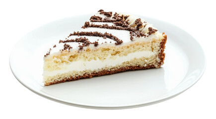 Layered cream cake slice on a plate, cut out - stock png.
