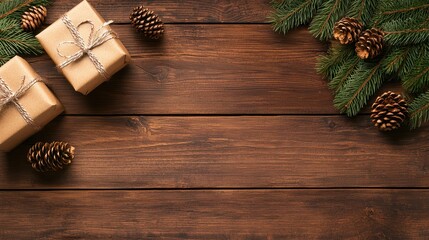 Naklejka premium Warm Holiday Decor with Gifts and Pine Cones on Wooden Table