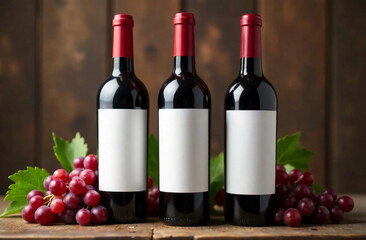 Three bottles of red wine mockup with blank labels and fresh grapes around on the wooden table