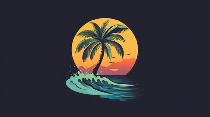 Naklejka premium A stylized palm tree silhouette against a vibrant sunset and ocean waves.