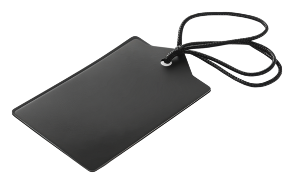 Blank black tag with string for labeling use, cut out - stock png.