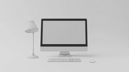 Gray minimalist computer setup with lamp, keyboard, and mouse on a white background.