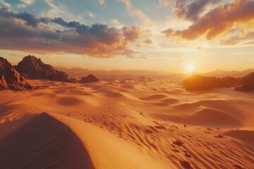 A stunning desert landscape at sunset, showcasing sand dunes and distant mountains.