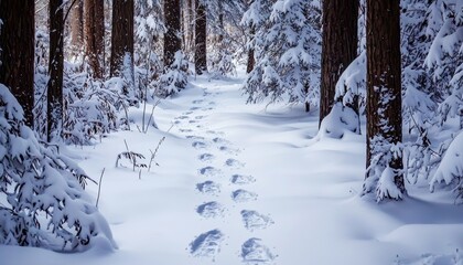 A serene snow-covered forest path with footprints leading through the trees.