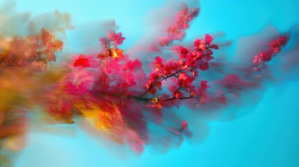 Abstract spring flowers in motion blur against a vibrant background.