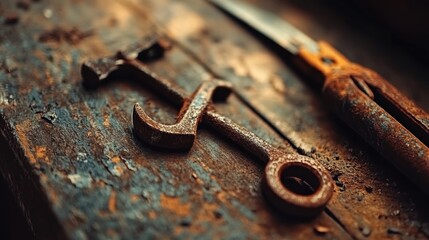 Rusty Metal Tools Resting On Weathered Wood