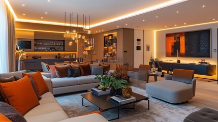 Contemporary living room in a luxury apartment, with modern furniture, warm lighting, and bold accent colors enhancing the stylish design.