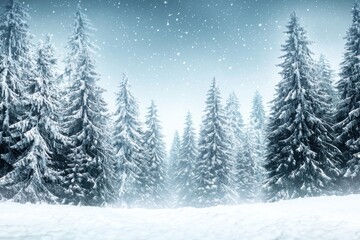 Obraz premium A serene winter landscape with snow-covered trees and falling snowflakes.