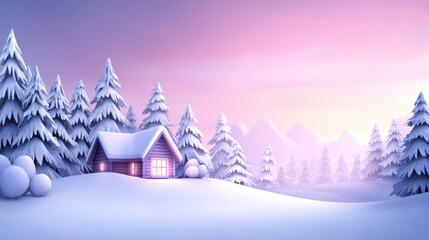 Serene Winter Landscape with Cozy Cabin Amidst Snowy Pines