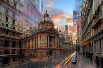 A vibrant cityscape at sunset featuring historic architecture and busy streets.