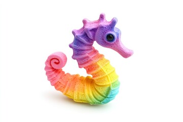 A colorful, whimsical seahorse figurine with a playful design.