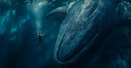 a massive whale approaching a small man who has fallen into the ocean.