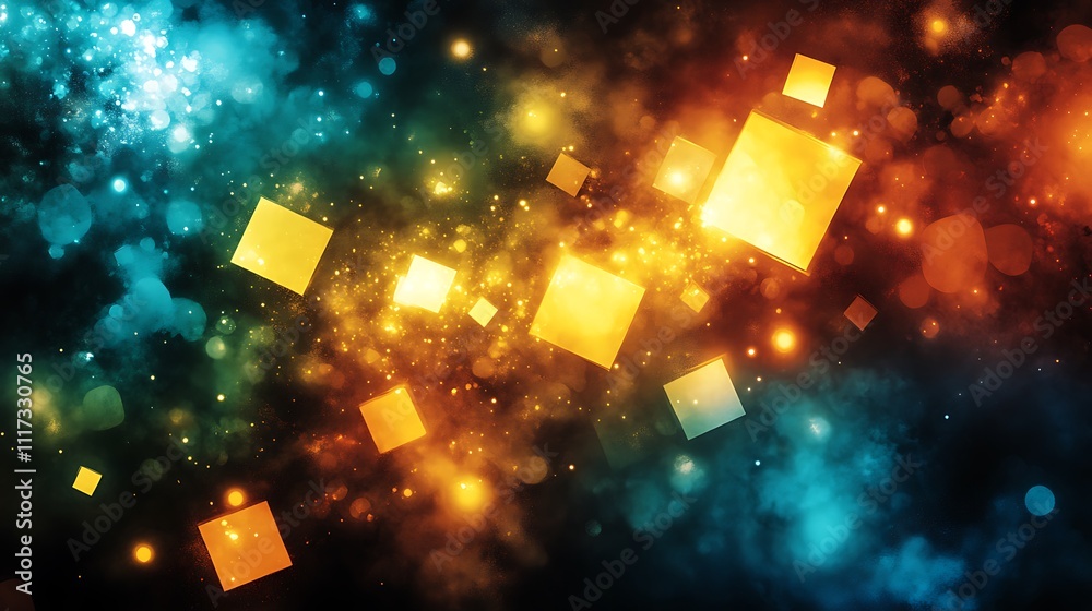 Wall mural abstract background with glowing squares and bokeh.