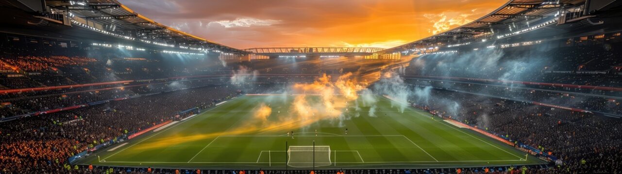 Football Stadium, soccer stadium with full capacity crowded field arena