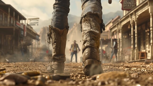 a Western gunfight at the moment when the duelists have just drawn their guns, The framing captures the scene from a low angle, positioned between the legs